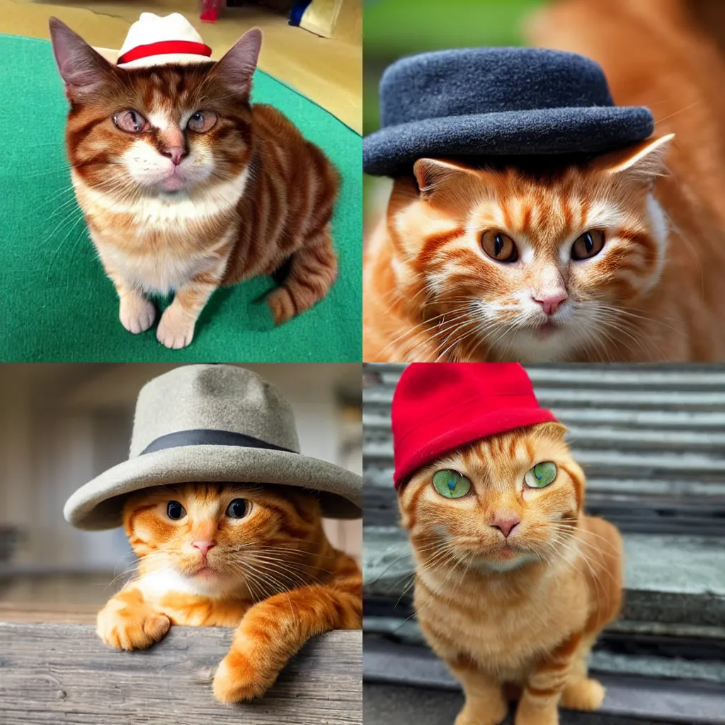Prompt: a ginger cat wearing a hat