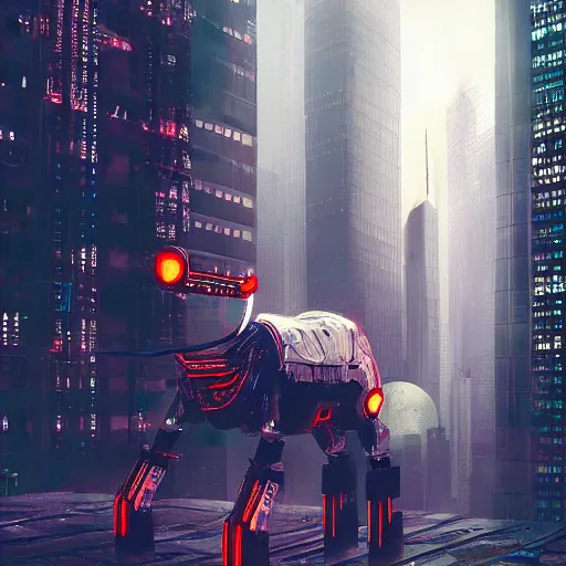 Prompt: ram sheep robot in a cyberpunk city, intricate, sinister, futuristic, ultra realistic, hyper detailed, cinematic, digital art, artstation, trending,