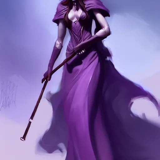 Image similar to a woman in a purple dress holding a staff, concept art by an zhengwen, artstation contest winner, fantasy art, dark and mysterious, artstation hd, concept art