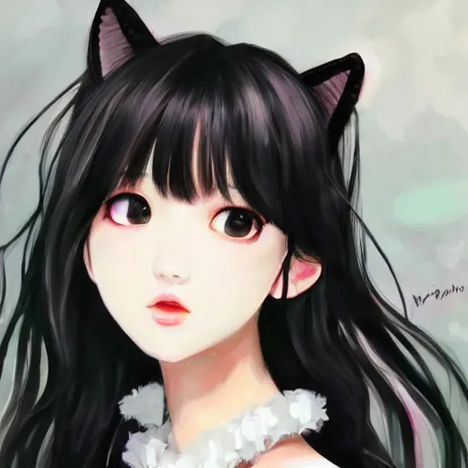 Image similar to realistic beautiful gorgeous natural cute Blackpink Lalisa Manoban black hair cute fur black cat ears, wearing white camisole, headphones, black leather choker artwork drawn full HD 4K highest quality in artstyle by professional artists WLOP, Taejune Kim, Guweiz on Pixiv Artstation