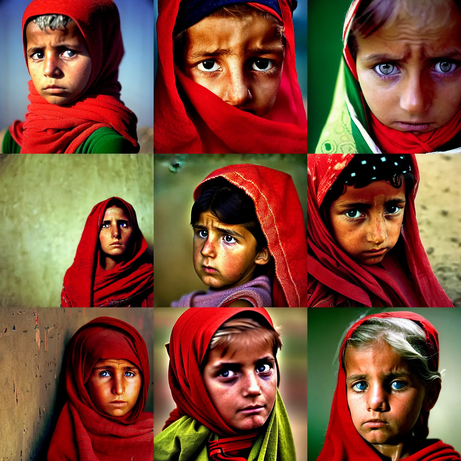 Prompt: portrait of donald trump as afghan girl, green eyes and red scarf looking intently, photograph by steve mccurry