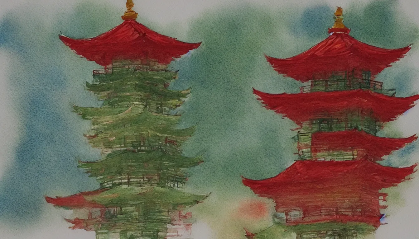 Prompt: watercolour painting of a pagoda, green and red accents, tea drinking