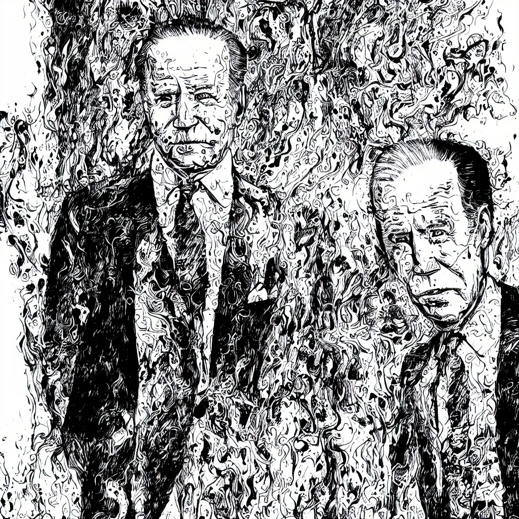 Image similar to Joe Biden full body portrait, body horror, black and white Illustration by Junji Ito