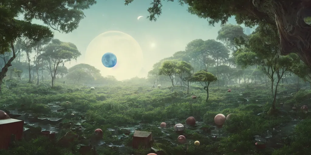 Image similar to planet overgrown with wax moon, visible planets in the sky, hanging trees, floating houses, soda waterfalls, living cheese flying though the sky, Greg Rutkowski, 3d scene, trending on Artstation, 8K, ultra wide angle, pincushion lens effect.