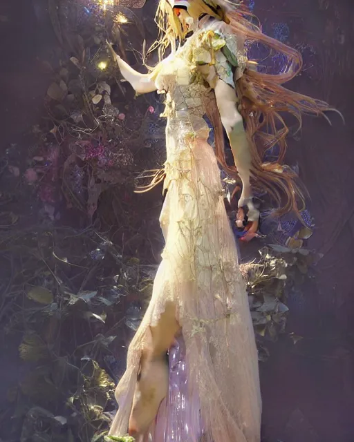 Image similar to Floralpunk elysian Maiden of radiant light wearing ivory lace dress made of stardust by Ruan Jia and artgerm, award winning art, Artstation, art nouveau aesthetic, Alphonse Mucha background, intricate details, semi-realistic, full view