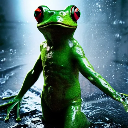 Image similar to a hyper real comic book style portait painting of a statue made of water of a frog, unreal 5, hyperrealistic, octane render, cosplay, rpg portrait, dynamic lighting