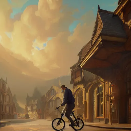 Image similar to man with receding hairline biking through beverley town centre, intricate, elegant, highly detailed, digital painting, artstation, concept art, matte, illustration, hearthstone, art by artgerm and greg rutkowski and alphonse mucha, simon stalenhag, hyperreal