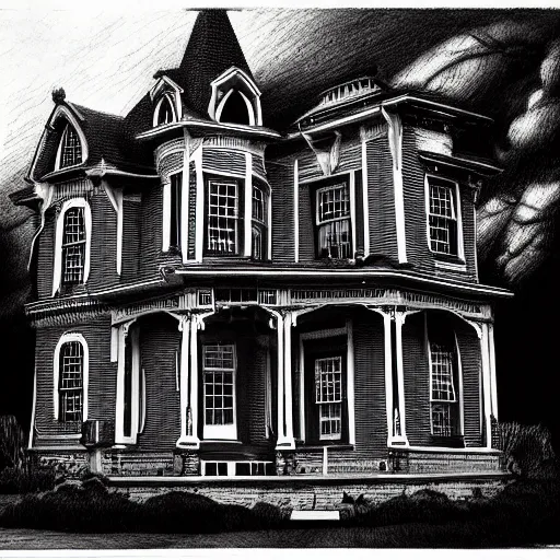 Prompt: a victorian house, pencil drawing, black and white, trending on artstation, behance, deviantart, drawn by tom lovell, artgerm, jsc, j. scott campbell