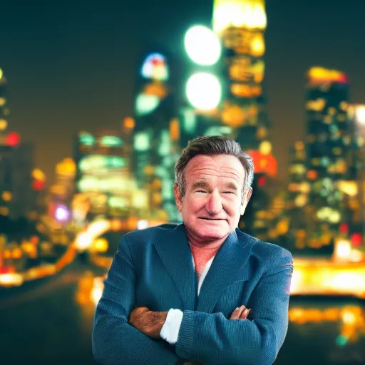 Image similar to a still of Robin Williams. Shallow depth of field. City at night in background, lights, colors ,studio lighting, mood, 4K. Profession photography