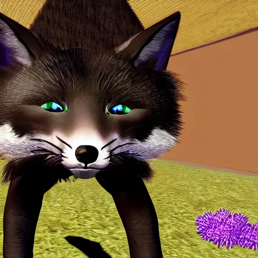 Prompt: second life game screenshot close up of a fluffy black fox with pretty purple eyes