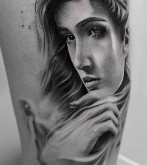 Image similar to a beautiful girl portrait faded in a beautiful mountain background, realism tattoo, in the style of den yakovlev, black and white, hyper realistic, highly detailed