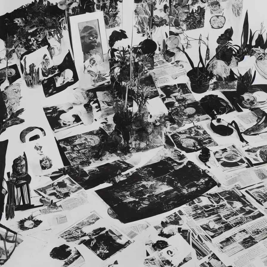 Image similar to A black and white photography of an exhibition space with objects of Sun Ra, Marcel Duchamp and tropical plants, 60s, offset lithography print, newspaper, detail