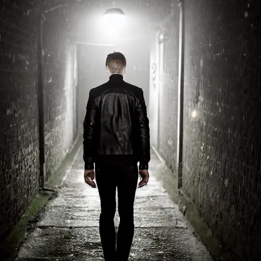 Image similar to shot of young man from back pacing lowering head dressed in short leather bomber jacket to empty narrow alley with street lamps in park with pines to the horizon,, with hands in pockets, snowfall at night, mullet long haircut, black hairs, cinematic, dramatic, detailed, realistic, movie shot, low lighting