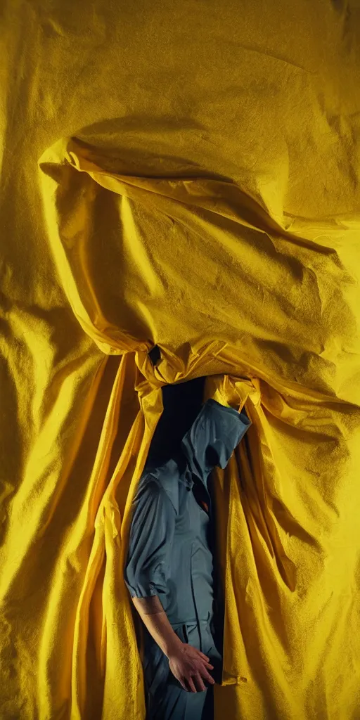 Prompt: faceless man in a yellow suit, hidden behind torn cloth swirling violently