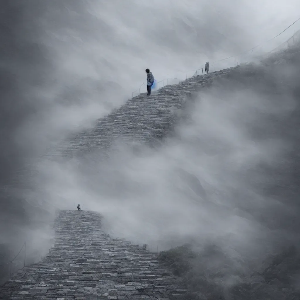 Prompt: a man walking up a set of stairs in the clouds, an ambient occlusion render by wang yuan, cg society contest winner, interactive art, made of mist