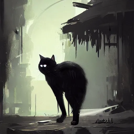 Prompt: a detailed matte painting of a black cat with white led eyes, by Ismail Inceoglu , concept art, featured on cgsociety