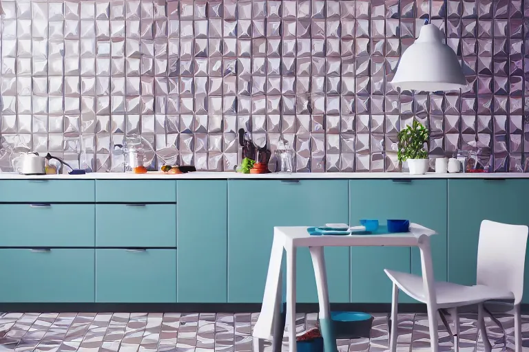 Prompt: IKEA catalogue, vaporwave kitchen with geometric tiles, gaudi