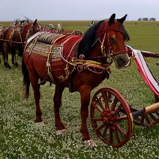 Image similar to a horse drawn chariot rots in a field in flanders, the medals of dead soldiers glisten in the red mud