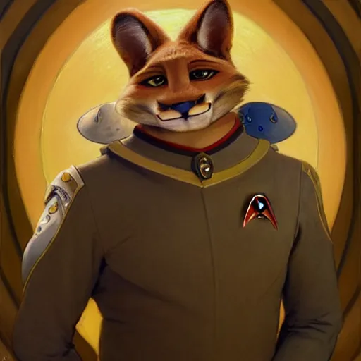 Image similar to a portrait of chief boggo in a starfleet uniform star trek chief engineer. zootopia fursona furaffinity furry art detailed face highly detailed painting by gaston bussiere craig mullins jc leyendecker gustav klimt artgerm greg rutkowski furry