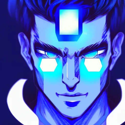 Image similar to a highly detailed portrait of a man with navy blue hair and blue glowing eyes, summoning blue transparent cubes, high detail clothing, concept art, anime, artstation, professional drawing