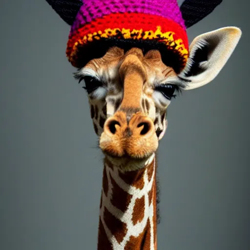 Image similar to A full shot of a giraffe with a knitted Rastafarian hat, dreadlocks, 8k