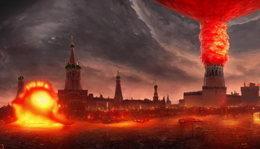 Image similar to a big nuclear explosion with realistic nuclear mushroom in Red Square Kremlin, dramatic lighting, cinematic, extremely high detail, photo realistic, cinematic lighting, post processed, concept art, artstation, matte painting, unreal engine 8k