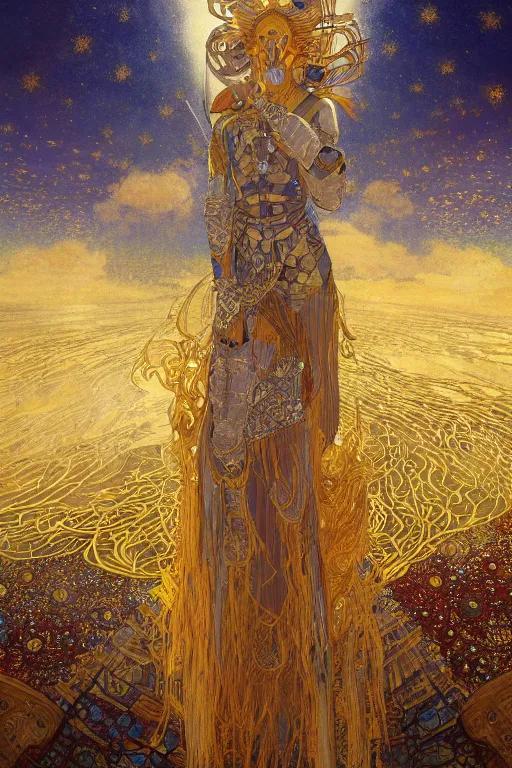 Image similar to breathtaking digital painting of a knight pierced with swords of light, in golden clouds in a desert castle, strokes of mist and golden ribbons, art nouveau style, by casimir art, gustav klimt and alfons mucha, anato finnstark and kelogsloops, elegant, highly detailed, artstation, concept art, matte, sharp focus