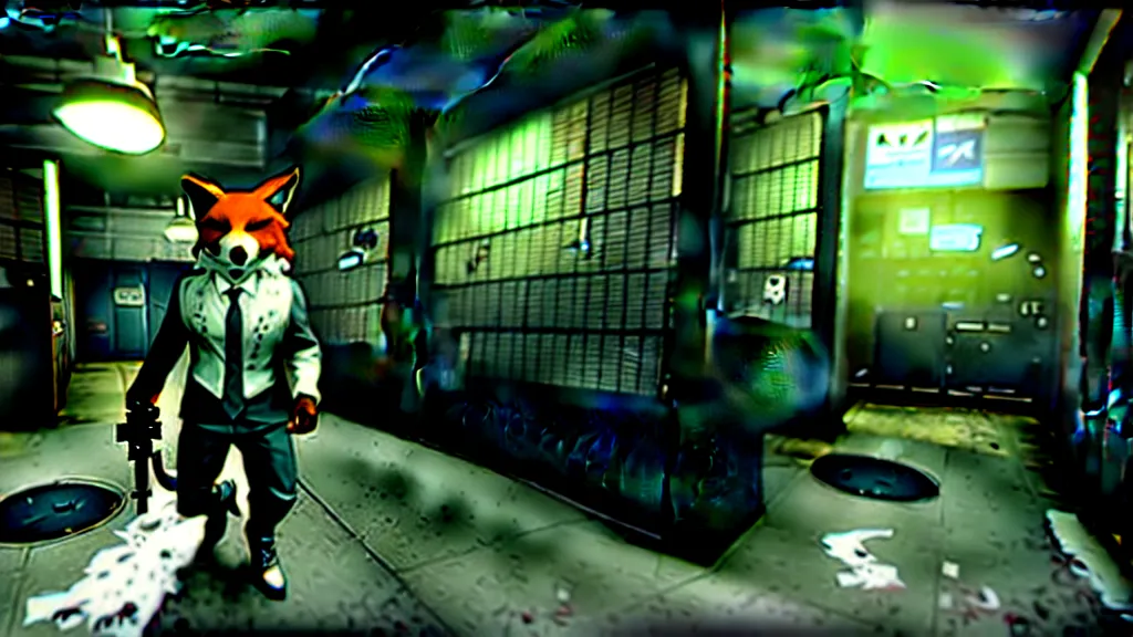 Image similar to screenshot from the pc game payday 2 demonstrating the fursuit unlock - hoxton? more like foxton.