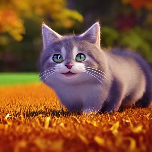 Image similar to cute adorable happy cat playing in the park in autumn, pixar style, disney style, tilt shift, octane render, cgsociety