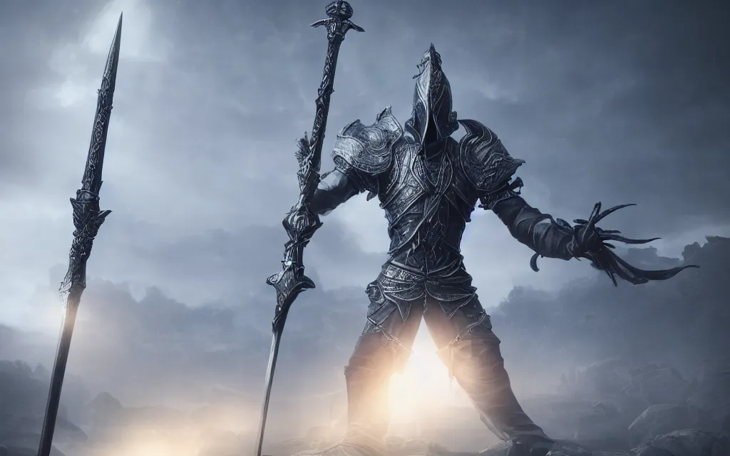 Image similar to a mystic knight holding a giant sword with both hands, foggy background, highly detailed, octane render, hd wallpaper