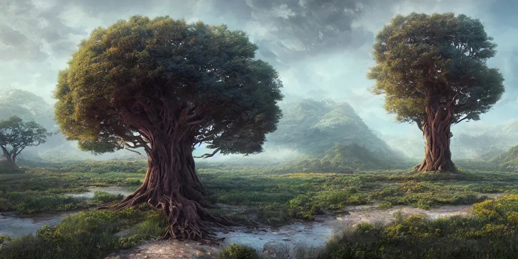 Prompt: beautiful aesthetic digital illustration of an esoteric landscape with a giant Tree of life by wlop and Julia Razumova, realistic, photorealistic, hyperrealistic, unreal engine, octane, deviantArt, trending on artstation, artstation HQ