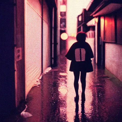 Image similar to 1990s perfect 8K HD professional cinematic photo of close-up japanese schoolgirl walking in dystopian alleyway with neon signs, at evening during rain, at instagram, Behance, Adobe Lightroom, with instagram filters, depth of field, taken with polaroid kodak portra