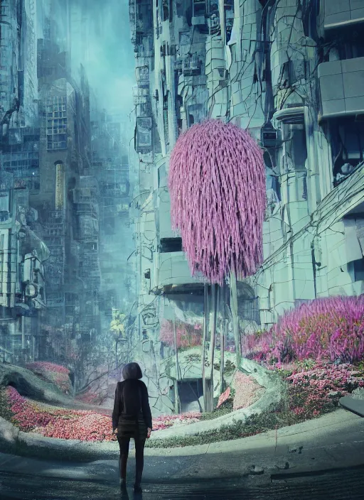 Prompt: A dystopian future in a city made up of the most incredible flowers ever seen, evil, demonic, angelic, flowers, nature, city, symmetry, environment concept, cinematic, Rendered in Octane, trending on artstation, cgsociety, moody lighting rendered by octane engine, environment 8K artstation, cinematic lighting, intricate details, 8k detail post processing, hyperealistic, octane render, photo realism, visually inspired by Blade Runner 2049