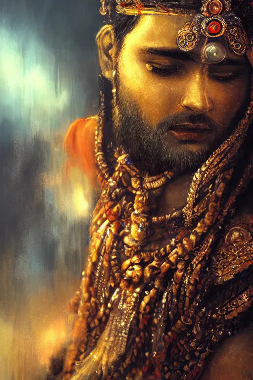 Image similar to indian god, close - up portrait, powerfull, intricate, elegant, volumetric lighting, scenery, digital painting, highly detailed, artstation, sharp focus, illustration, concept art, ruan jia, steve mccurry