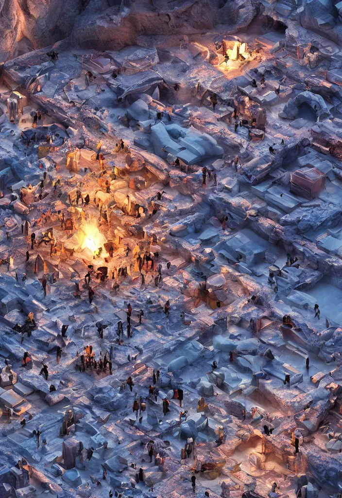 Image similar to A shining underground city in antartica made out of biological iglooss, multiple native people dancing around campfires, facinating and imposing, fantasy digital art, octane render, beautiful composition, trending on artstation, award-winning photograph, masterpiece