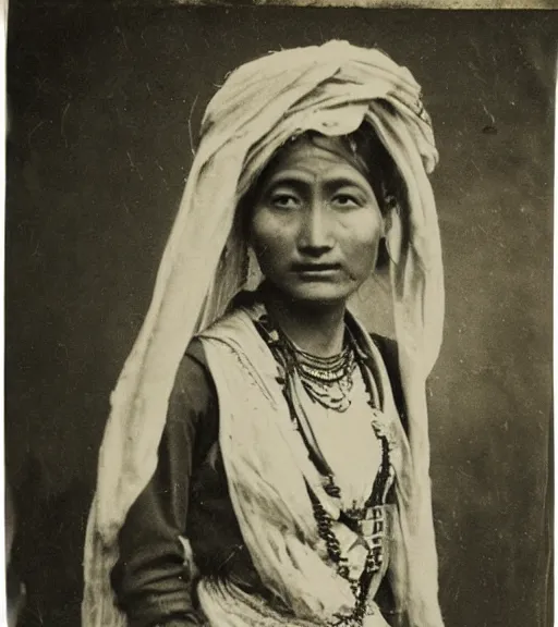 Prompt: vintage_portrait_photo_of_a_beautiful_nepalese_Victorian maiden in the himalayan mountains