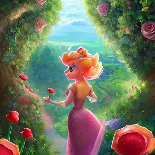 Prompt: portrait of princess peach from Mario, running up a hill of exotic flowers in the Mushroom Kingdom, giant mushrooms, and roses, from behind, Castle in distance, birds in the sky, sunlight and rays of light shining through trees, beautiful, solarpunk!!!, highly detailed, digital painting by Michael Garmash and Peter Mohrbacher