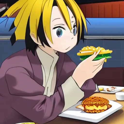 Image similar to Tanjiro Kamado eating at McDonalds; anime