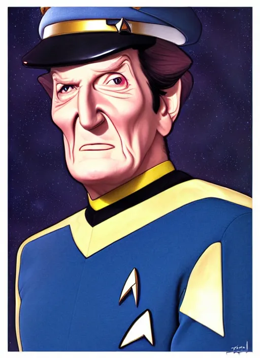 Image similar to cute star trek officer tommy cooper, natural lighting, path traced, highly detailed, high quality, digital painting, by don bluth and ross tran and studio ghibli and alphonse mucha, artgerm
