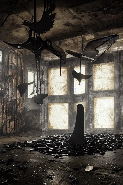 Prompt: heavenly interior made of salvaged industrial materials like rubber, iron, and plastic in abandoned basement, ASYMMETRICAL irregular blackmetal jagged WINGED sculptures made of glossy black liquid latex and industrial hardware, CARDBOARD TUNNELS painted glossy black, splintering cinematic lens flares, designed by nancy grossman and anish kapoor, directed by andrei tarkovsky and gaspar noe, 8k, shallow depth of field, highly textured and hyperdetailed, muted cool tones, 8mm fisheye lens, dutch angle