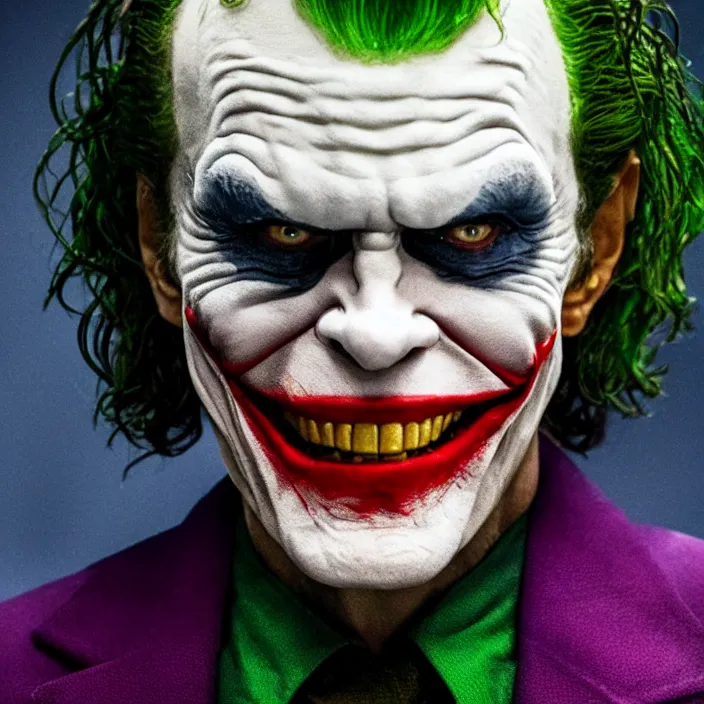 Image similar to willem dafoe as the joker, 8 k, movie still