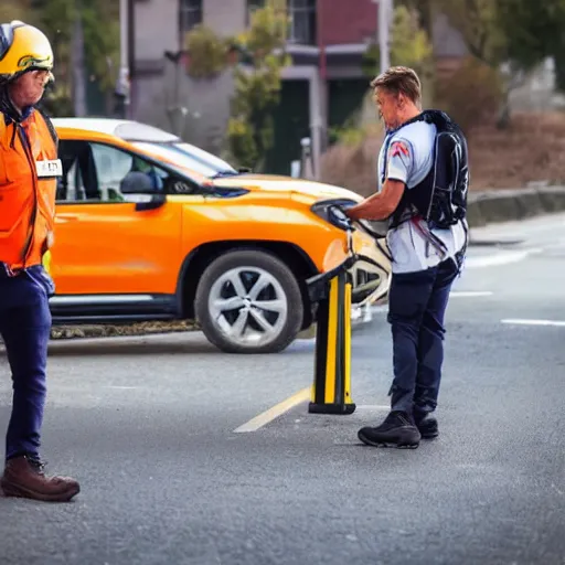 Prompt: a Patroller using their patroleon to help someone across the road