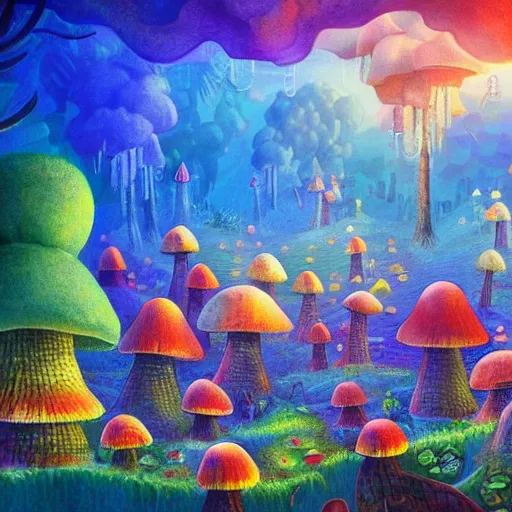 Prompt: colorful village made of mushrooms connected by a vast mycelial network, dreamy landscape, prismatic lighting