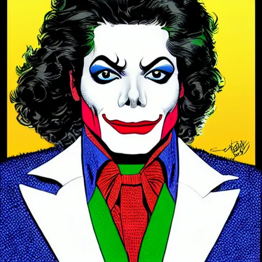 Image similar to dynamic macro head portrait of beautifu michael jackson as the joker in white sequined jacket by john romita sr and cory walker and ryan ottley and jack kirby and barry windsor - smith, comic, illustration, photo real