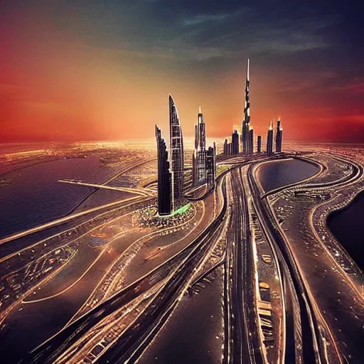 Image similar to “most advanced Dubai city dramatic lighting detailed beautiful sunset lights birds clouds proportional symmetrical minimalism photorealistic sky render octane architecture design planning”