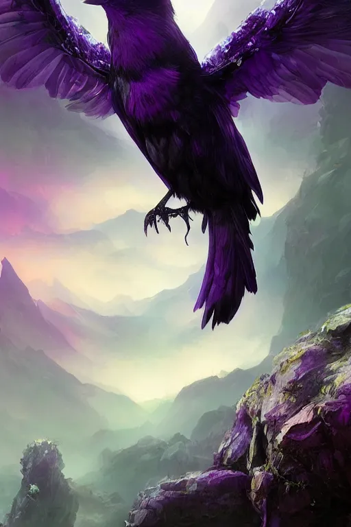 Image similar to portrait of a beautiful one raven perched on purple crystals that are glowing in a misty valley, establishing shot, extremly high detail, foto realistic, cinematic lighting, by yoshitaka amano, ruan jia, kentaro miura, artgerm, post processed, concept art, artstation, raphael lacoste, alex ross