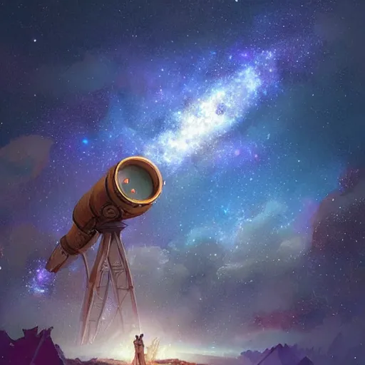 Prompt: modern binocular telescope looking at the galaxy sky, hearthstone coloring style, artwork by greg rutkowski, epic fantasy style art, fantasy epic digital art