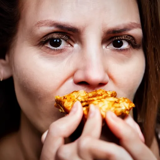 Prompt: A woman eating chicke, close up, realistic, ultra high detail, 8k.