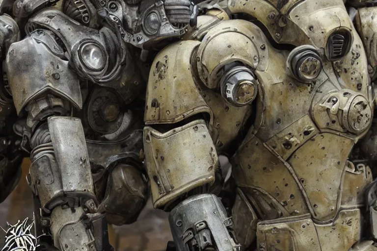 Image similar to photo taken of an epic intricate, ultra detailed, super realistic gritty, hero prop, exquisitely weathered very clunky, bulky fallout 5 power armour suits movie prop replica's in a row in the workshop, created by weta workshop, full body shot, photorealistic, sharp focus, white wall, cold colour temperture, golden ratio