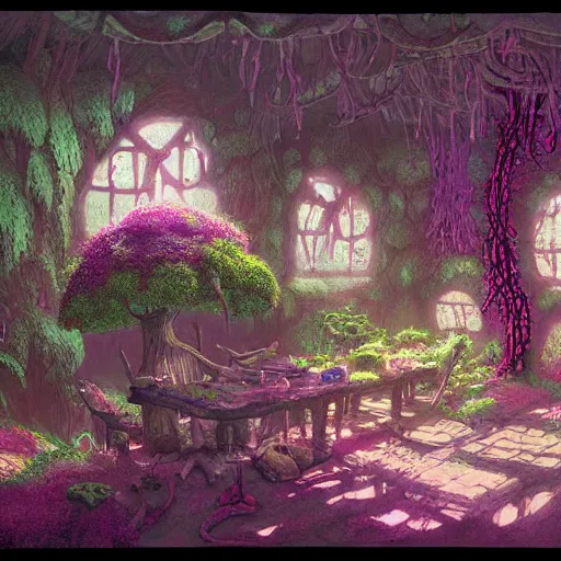 Prompt: concept art painting of a interior of a cozy alien fantasy cottage made of mushrooms and fungus, with black vines and magenta houseplants, realistic, detailed, cel shaded, dark, in the style of makoto shinkai and greg rutkowski and james gurney